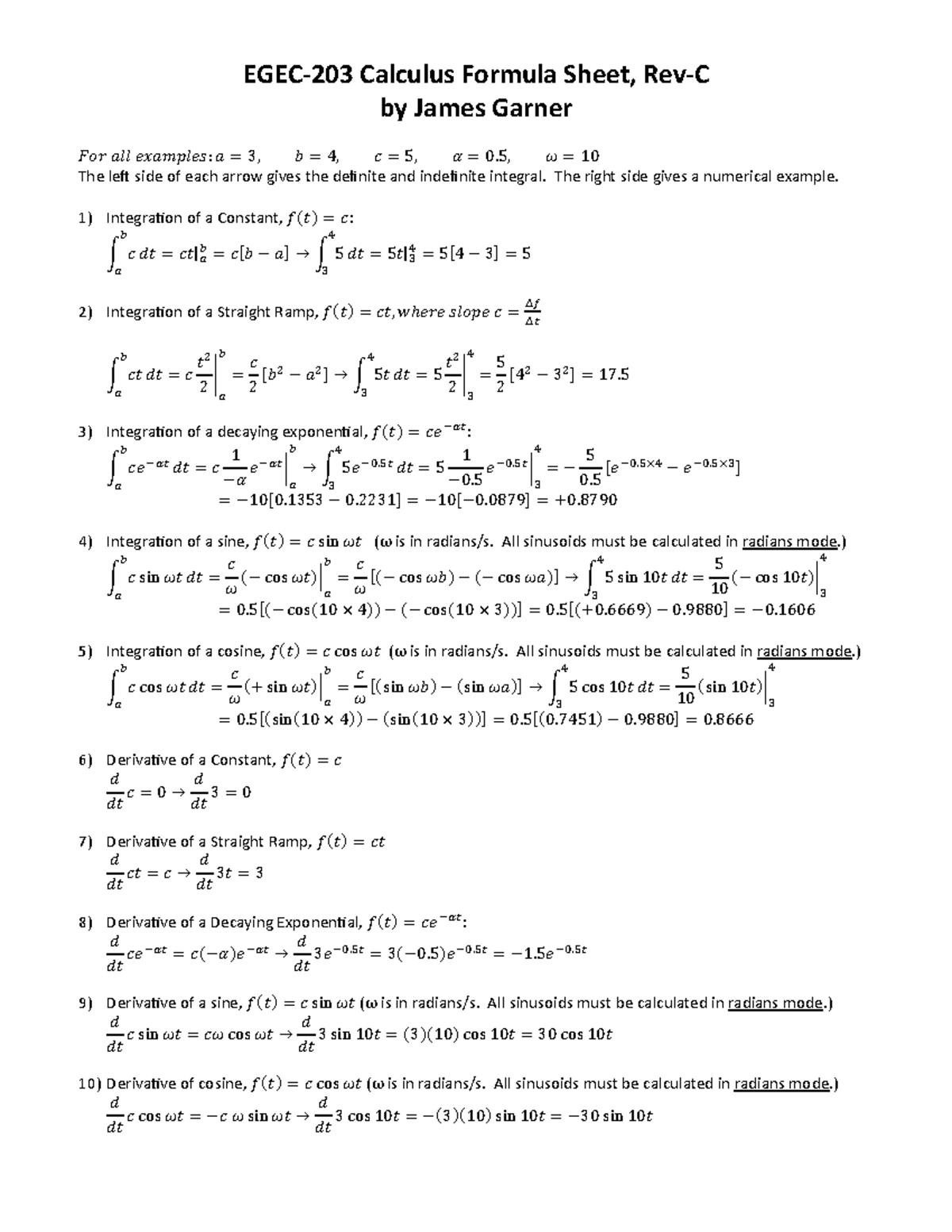 07-Calculus Formula Sheet for 203: Integrals & Derivatives - Studocu