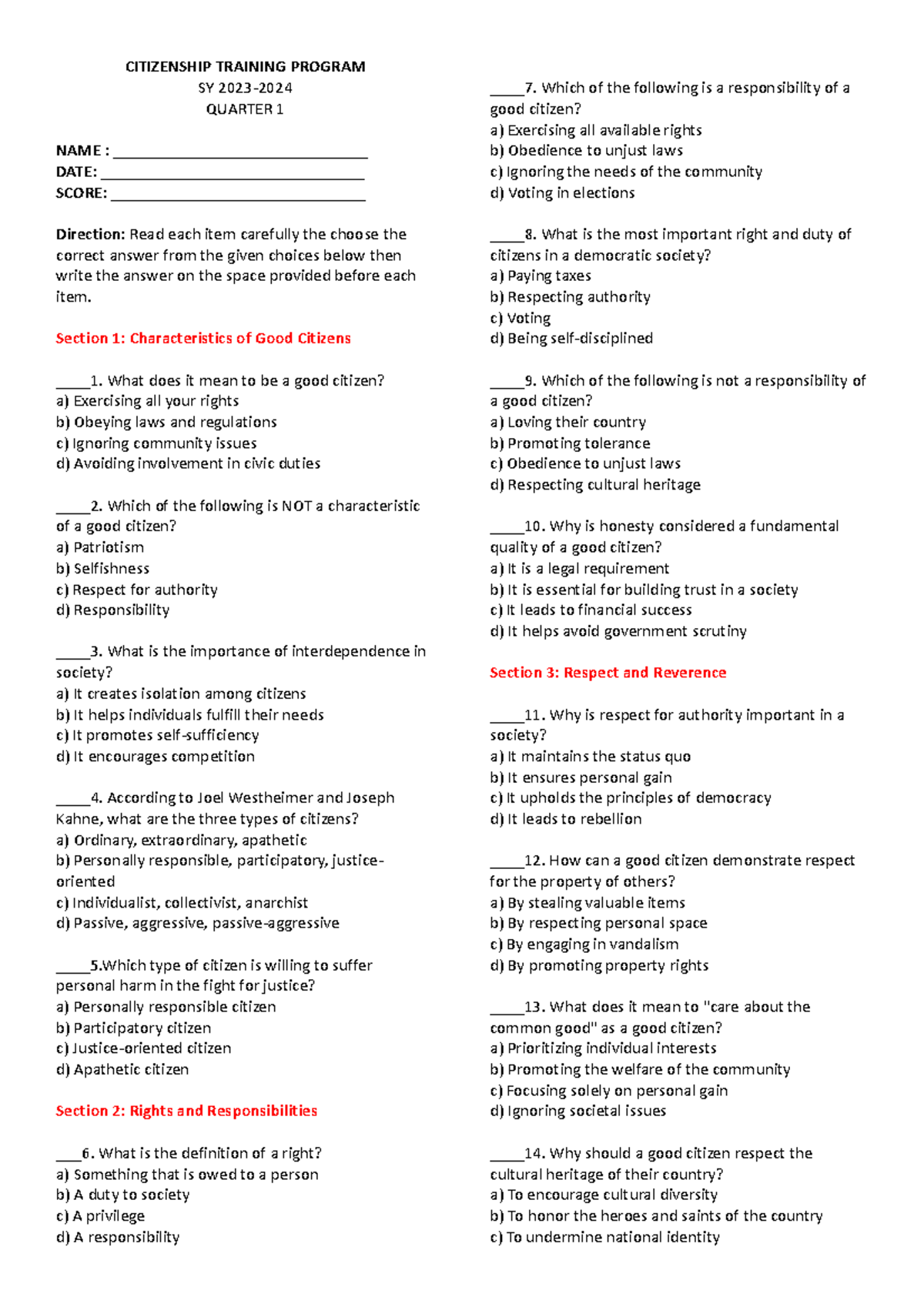 Citizenship Training Program - SY 2023 Quarter 1 Quiz - Studocu