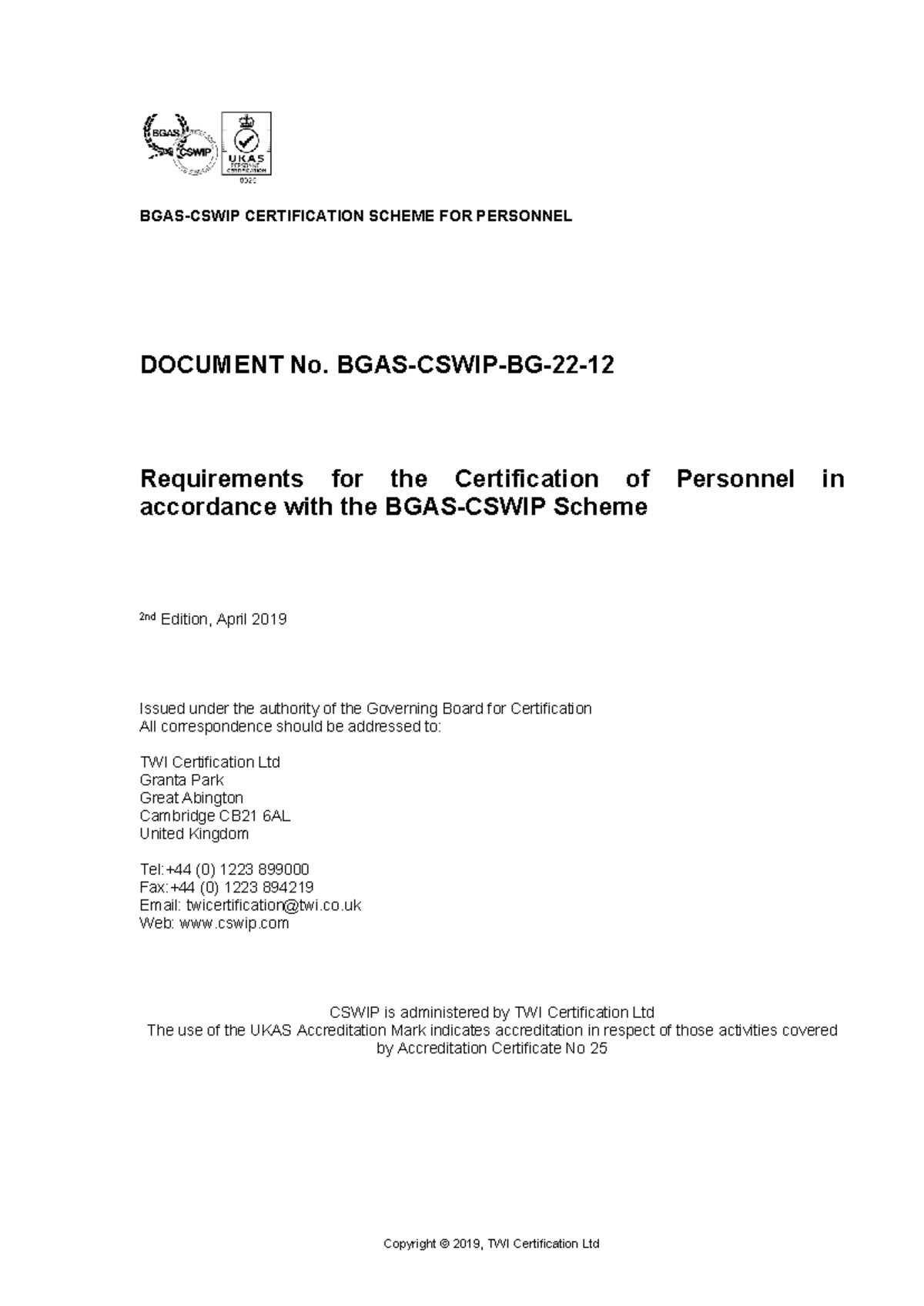 BGAS CSWIP Certification Scheme Requirements - 2nd Edition, April 2019 ...