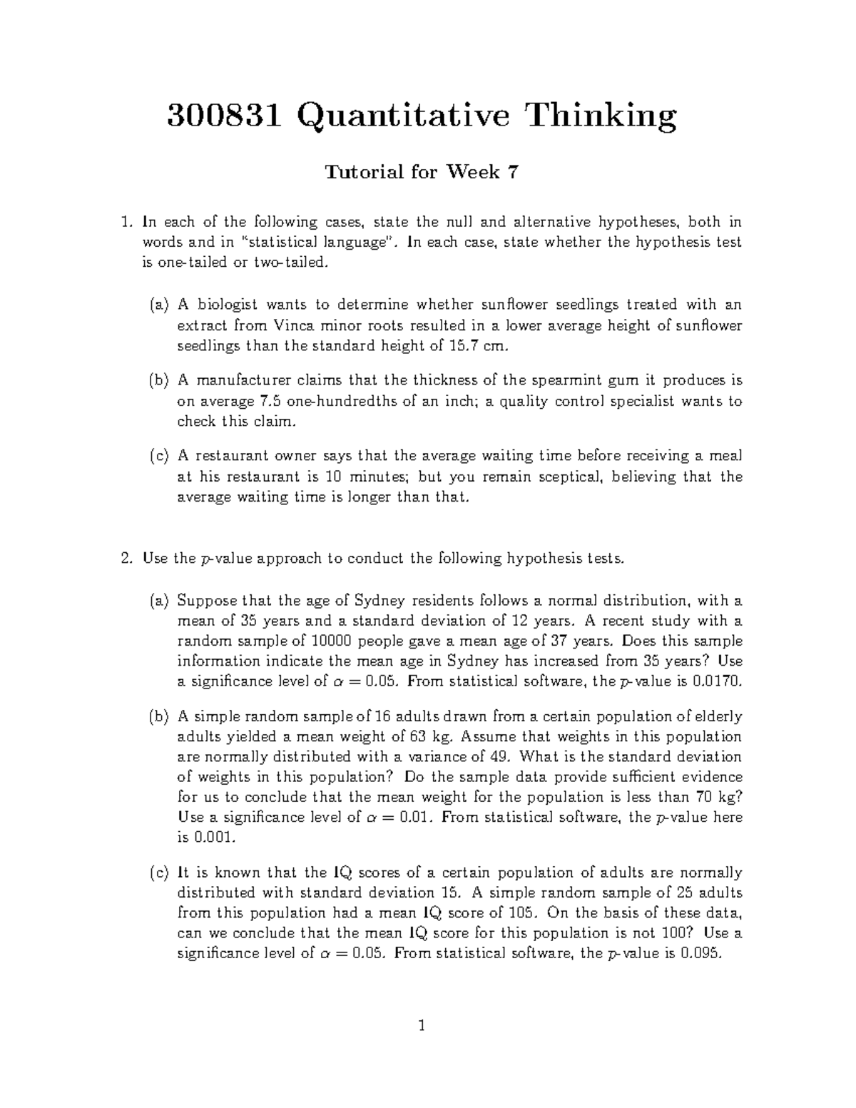 300831 Quantitative Thinking Week 7 Tutorial Practice Exercises - Studocu