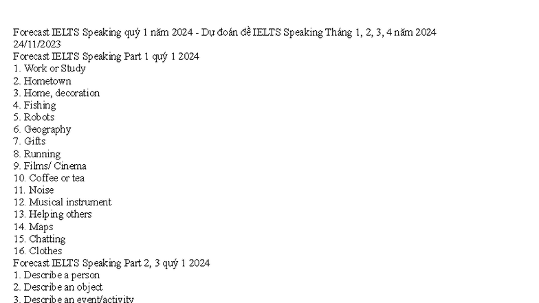Forecast IELTS Speaking Part 1 & 2 Q1 2024: Topics & Sample Answers ...
