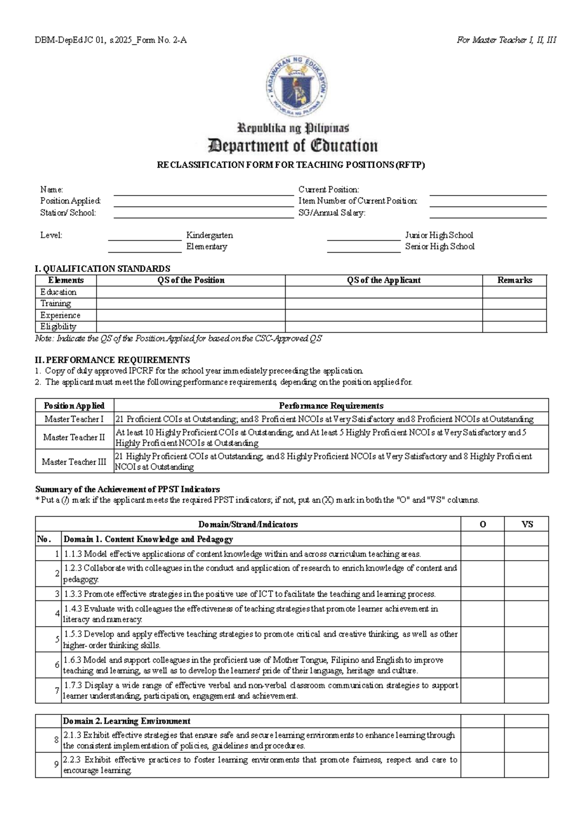 JC 01, s.2025 - Reclassification Form for Master Teacher I & II - Studocu