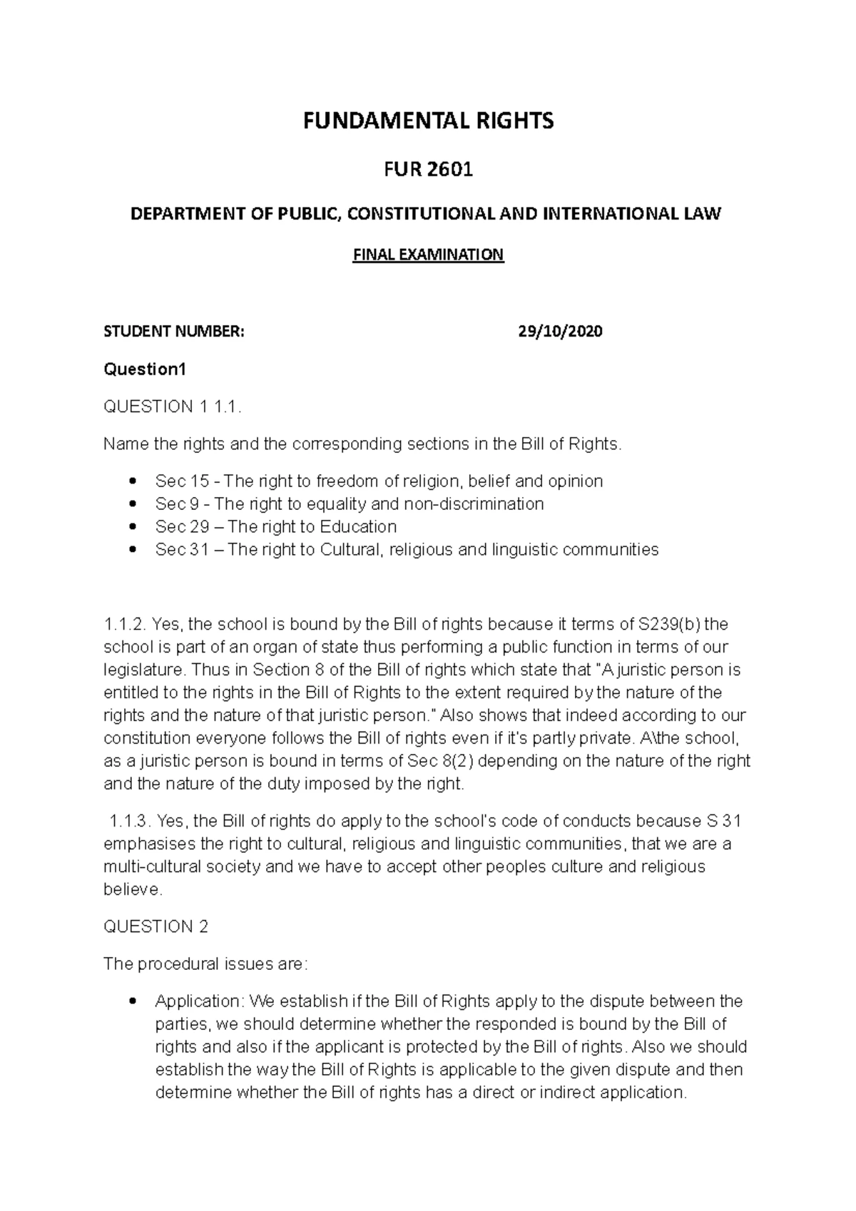FUR2601 - Fundamental Rights Study Unit 1: Constitution & Bill of ...