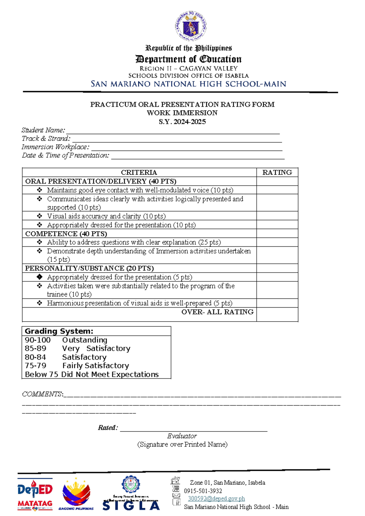 WI- Portfolio- Presentation-24-25 - Grading System: 90-100 Outstanding ...
