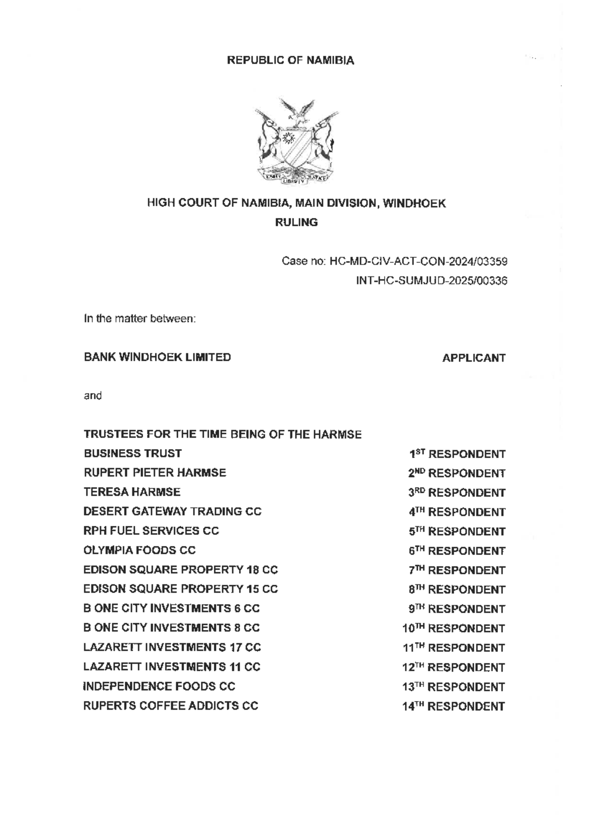 Bank Windhoek Ltd v Harmse Business Trust: Summary Judgment Ruling ...