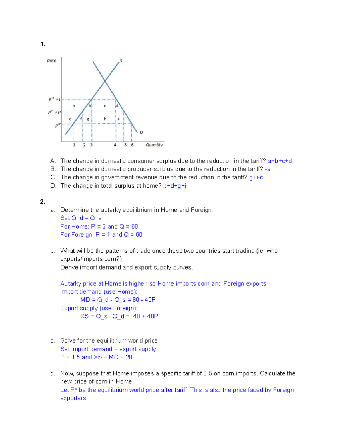 Tariff Exercise Solutions: Consumer & Producer Surplus Analysis - Studocu