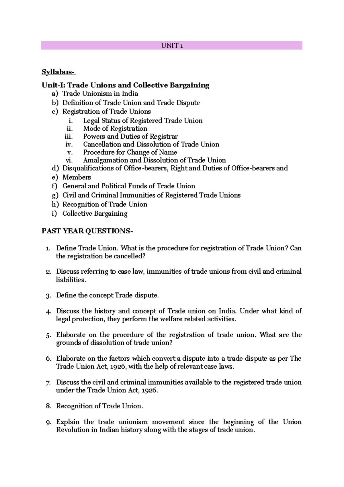Labour Law I - Unit 1 Notes on Trade Unions & Collective Bargaining ...