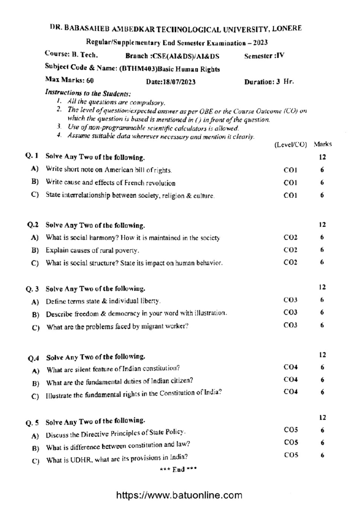 B. Tech. IV Sem End Exam 2023: Basic Human Rights (BTHM403) - Studocu