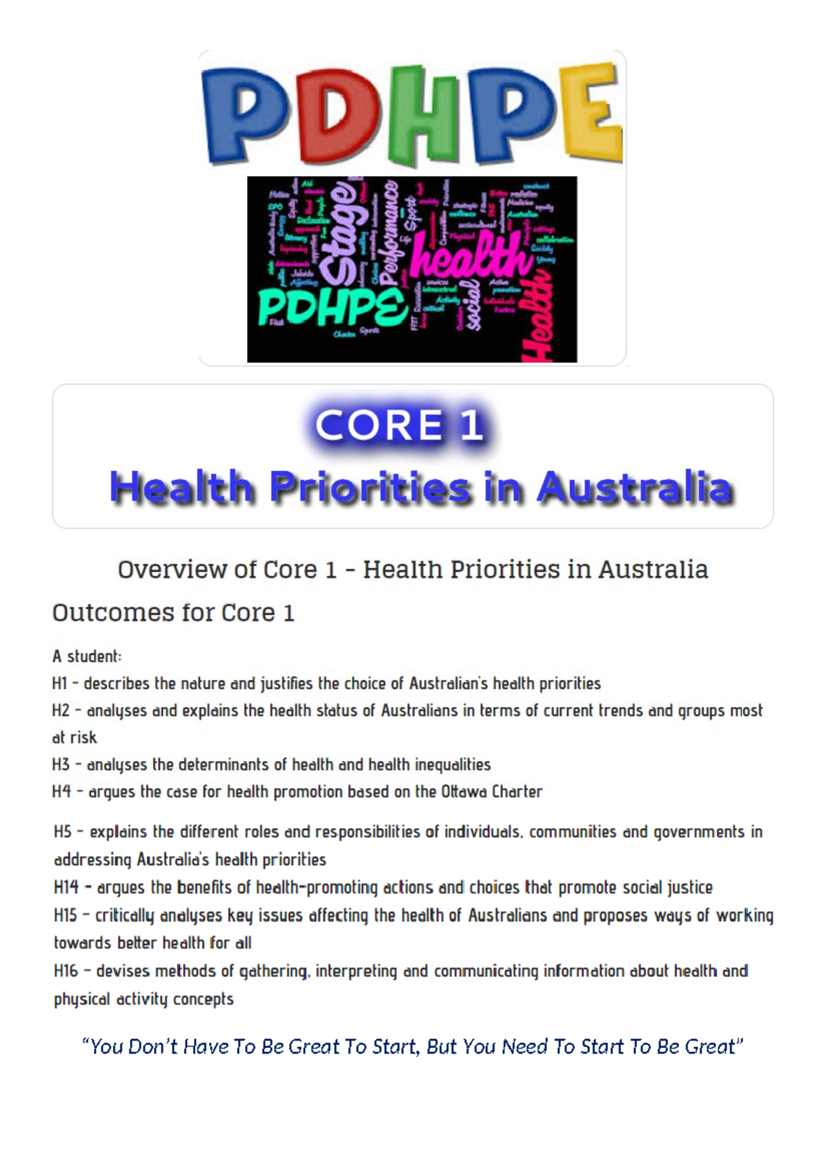 CORE 1 - Student Holiday Workbook - “You Don’t Have To Be Great To ...