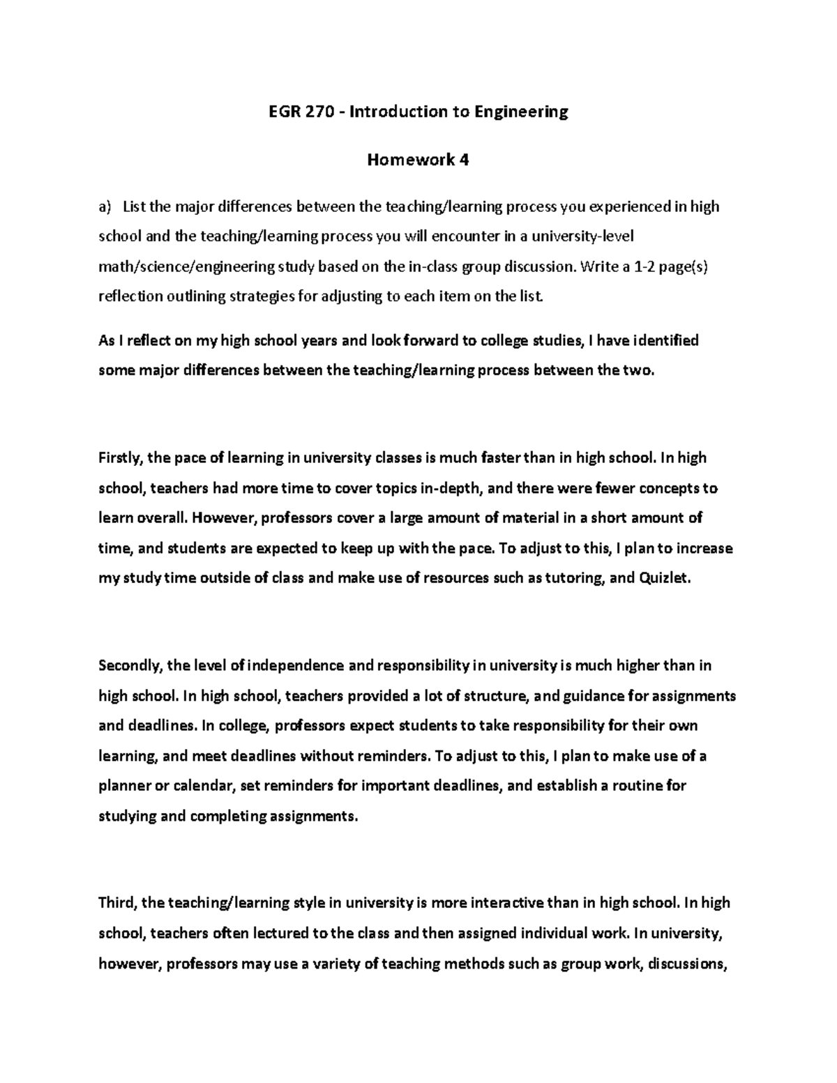 EGR 270 - Intro to Engineering Homework 4 Reflection and Strategies ...