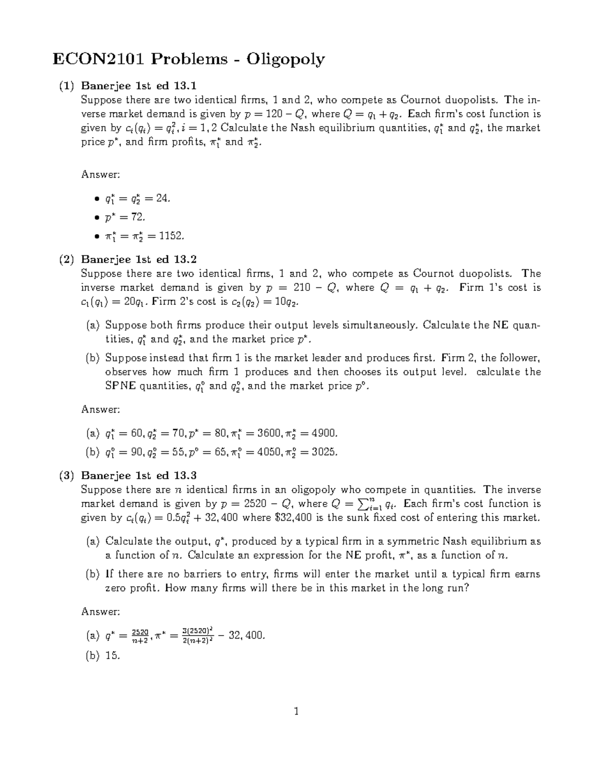 PROB 09 Oli - Oligopoly Practice Questions - ECON2101 Problems ...