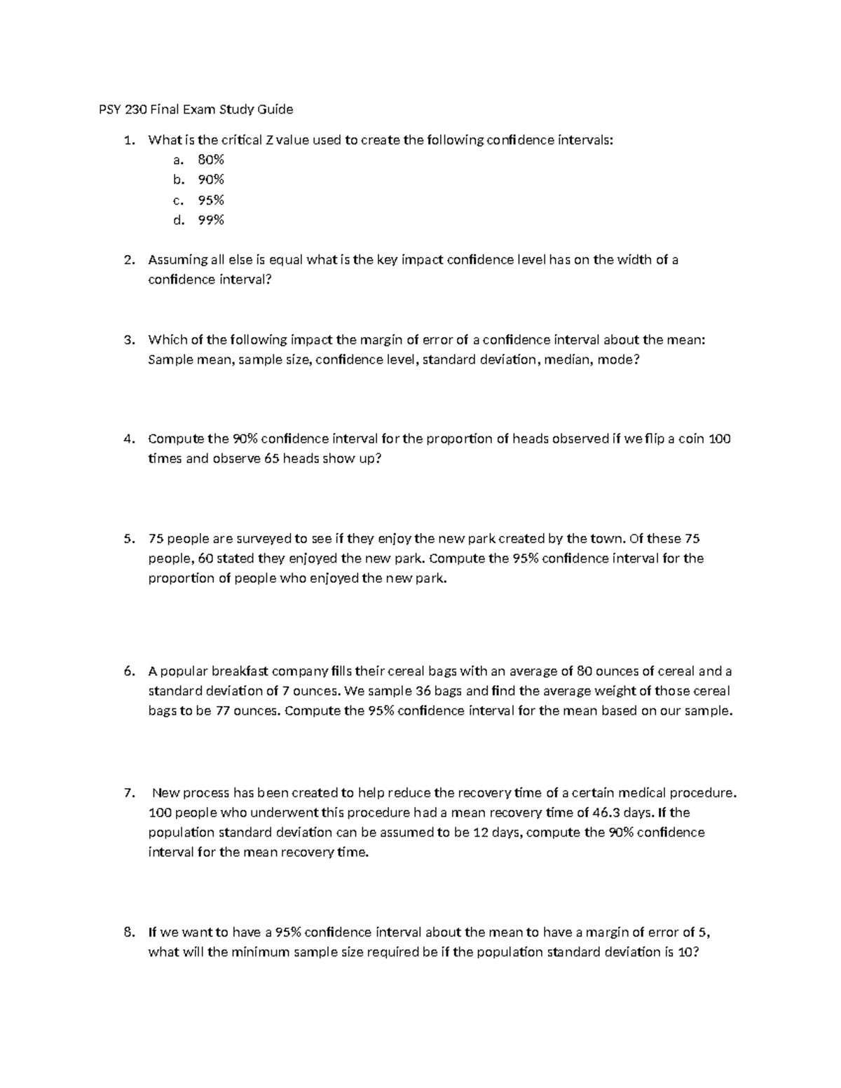 PSY 230 Final Exam Comprehensive Study Guide on Confidence Intervals ...