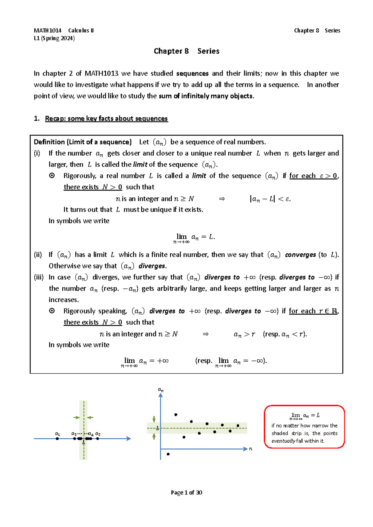 MATH1014 Calculus II L1 (Spring 2024) Chapter 8 Series Notes - Studocu