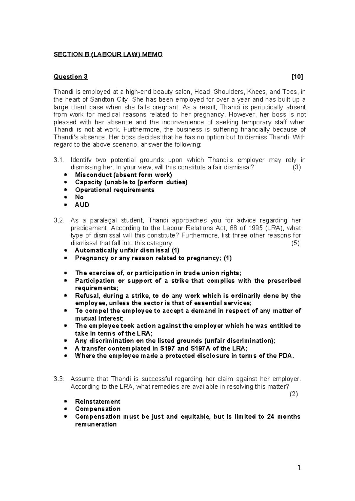Labour Law 2023: Section B Memo on Dismissal and Unfair Practices - Studocu