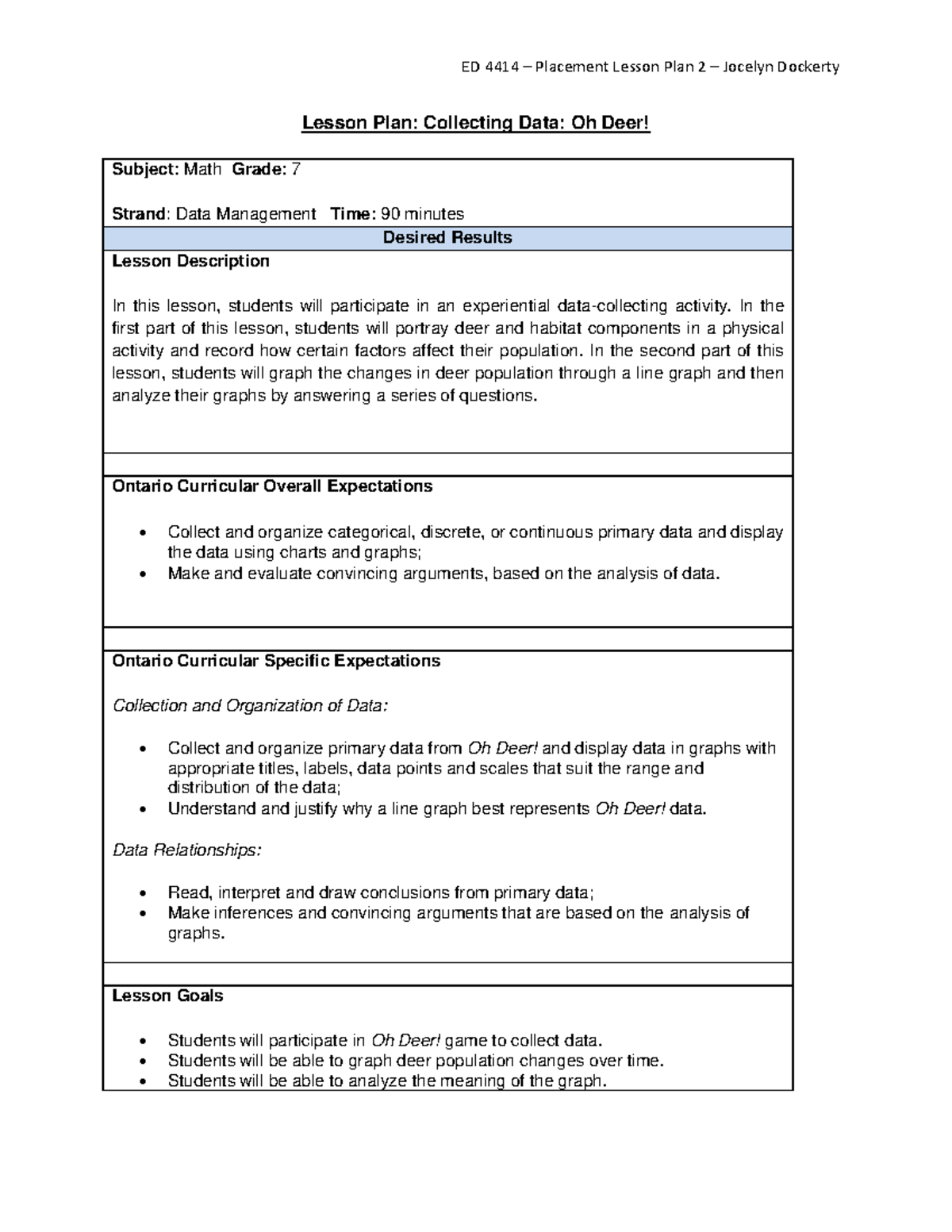 Grade 7 - Math Lesson Plan: Oh Deer! Data Collection & Analysis - Studocu
