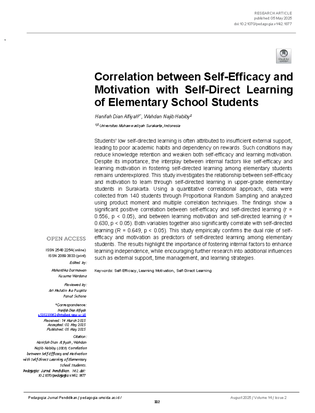 Correlation between Self-Efficacy and Learning Motivation in Elementary ...