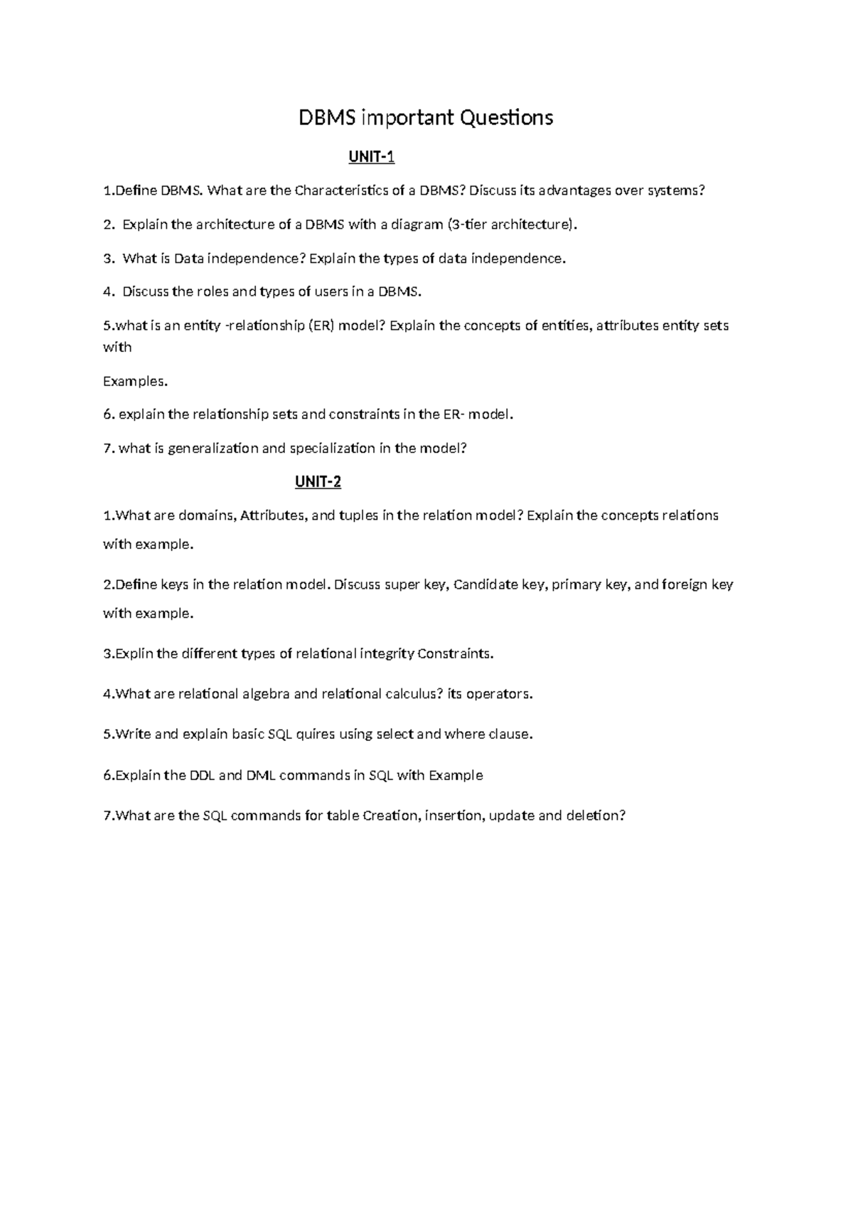 DBMS Important Questions for Exam Preparation - Studocu