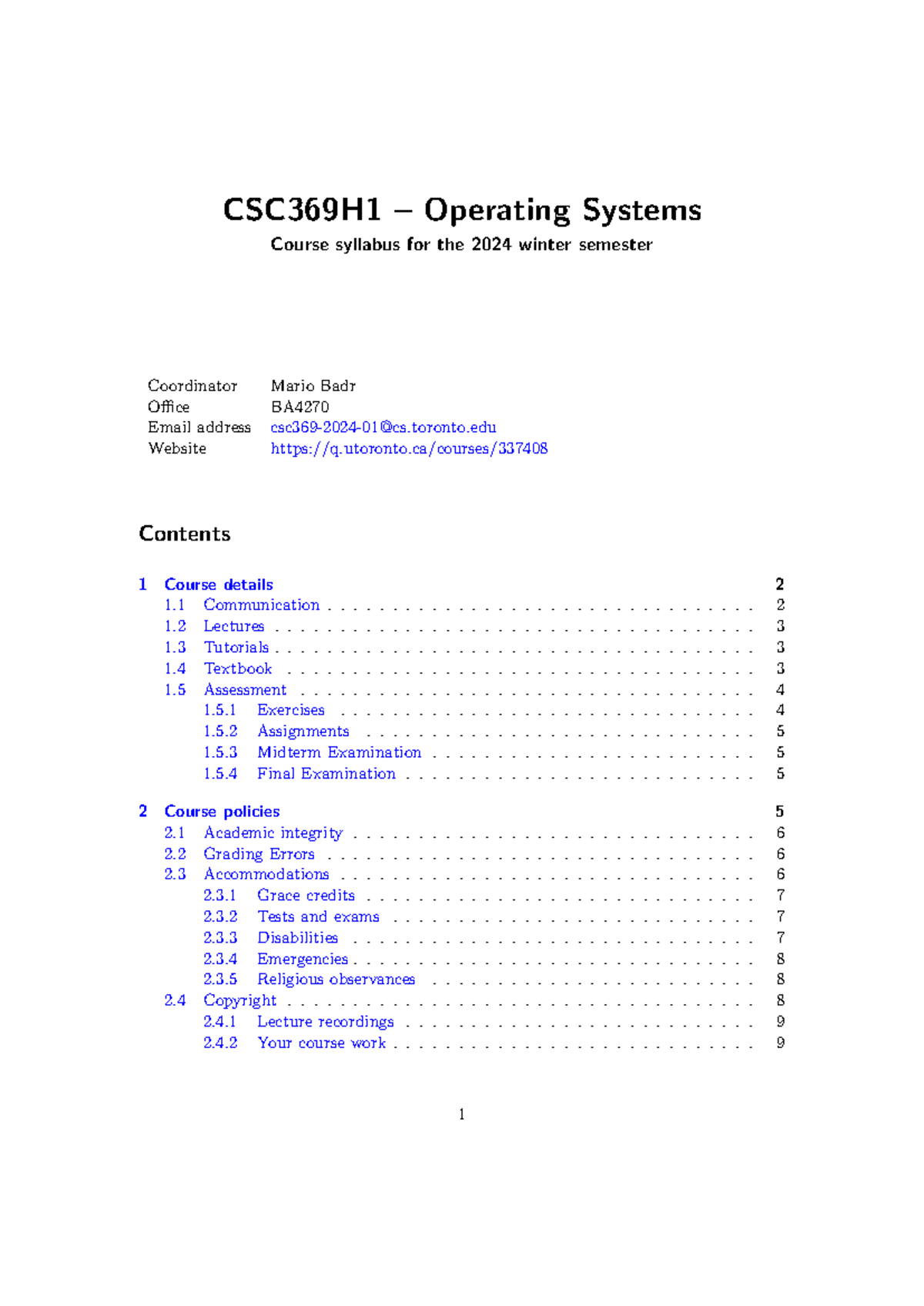 CSC369H1 Winter 2024 Operating Systems Course Syllabus - Studocu