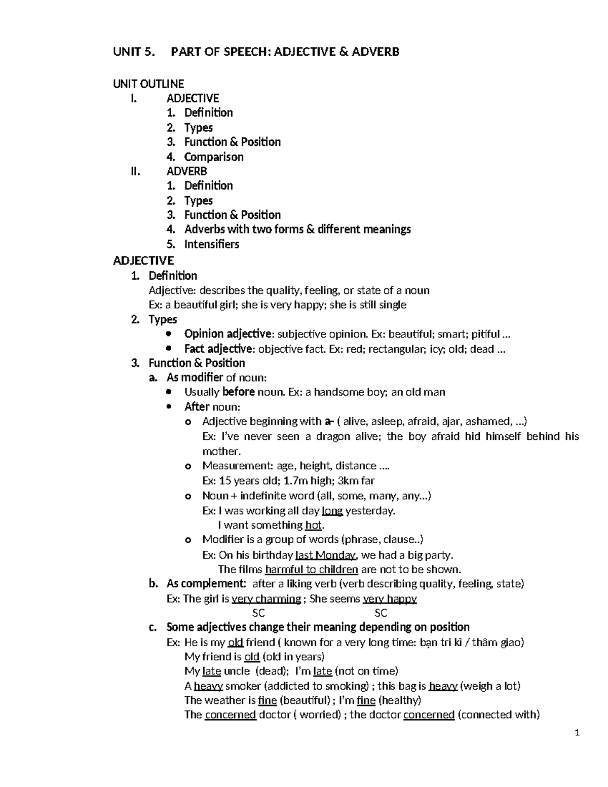 Grammar Unit 5: Adjectives and Adverbs Overview - Studocu