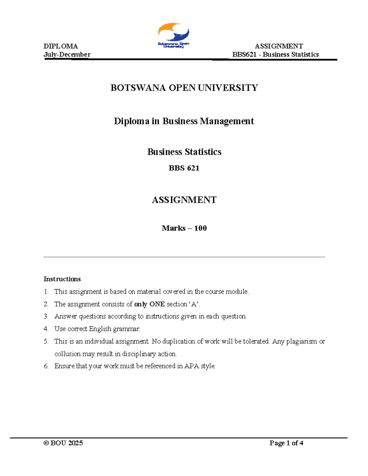 Diploma Assignment BBS621: Business Statistics Overview - July 2025 ...