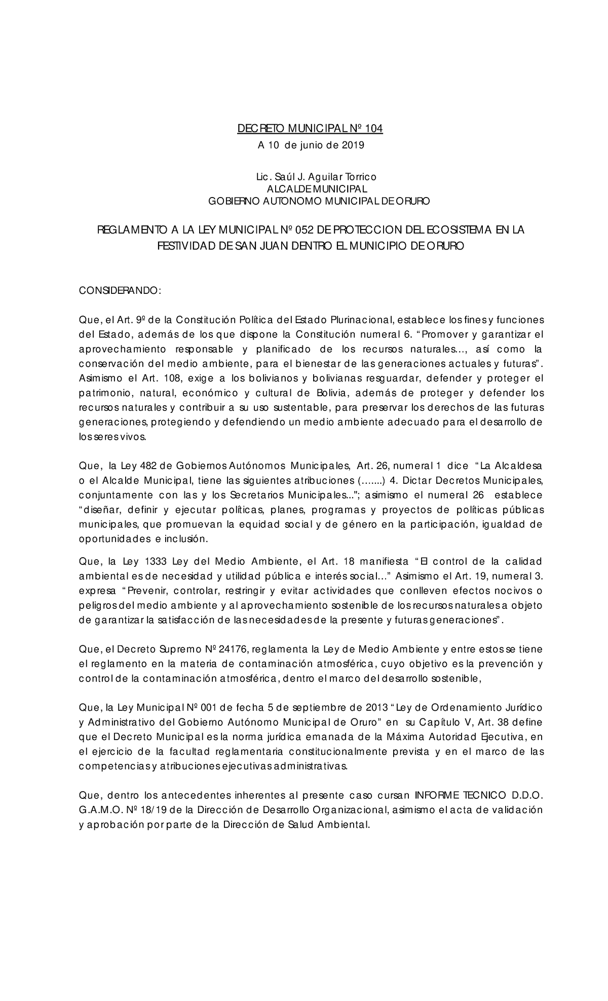 Decreto 104 - DECRETO MUNICIPAL Nº 104 A 10 de junio de 2019 Lic. Saúl ...