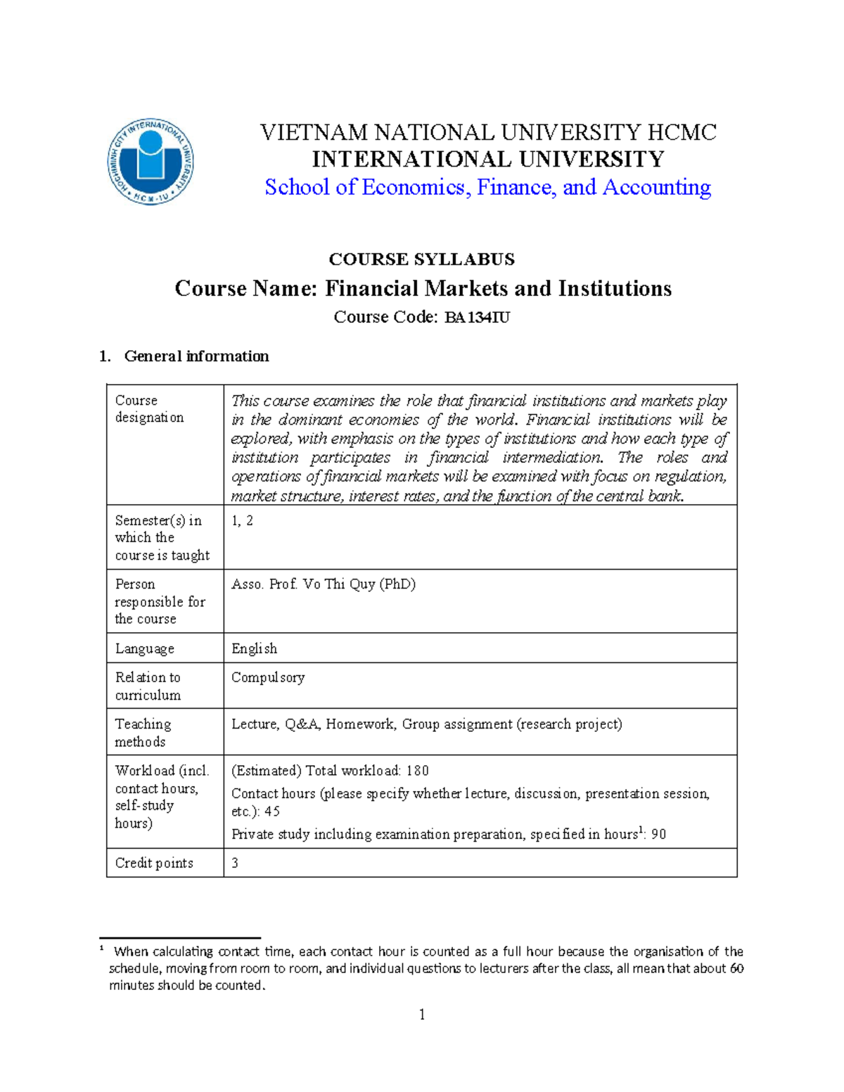 Financial Markets and Institutions Course Syllabus (BA134IU) S1-2024 ...