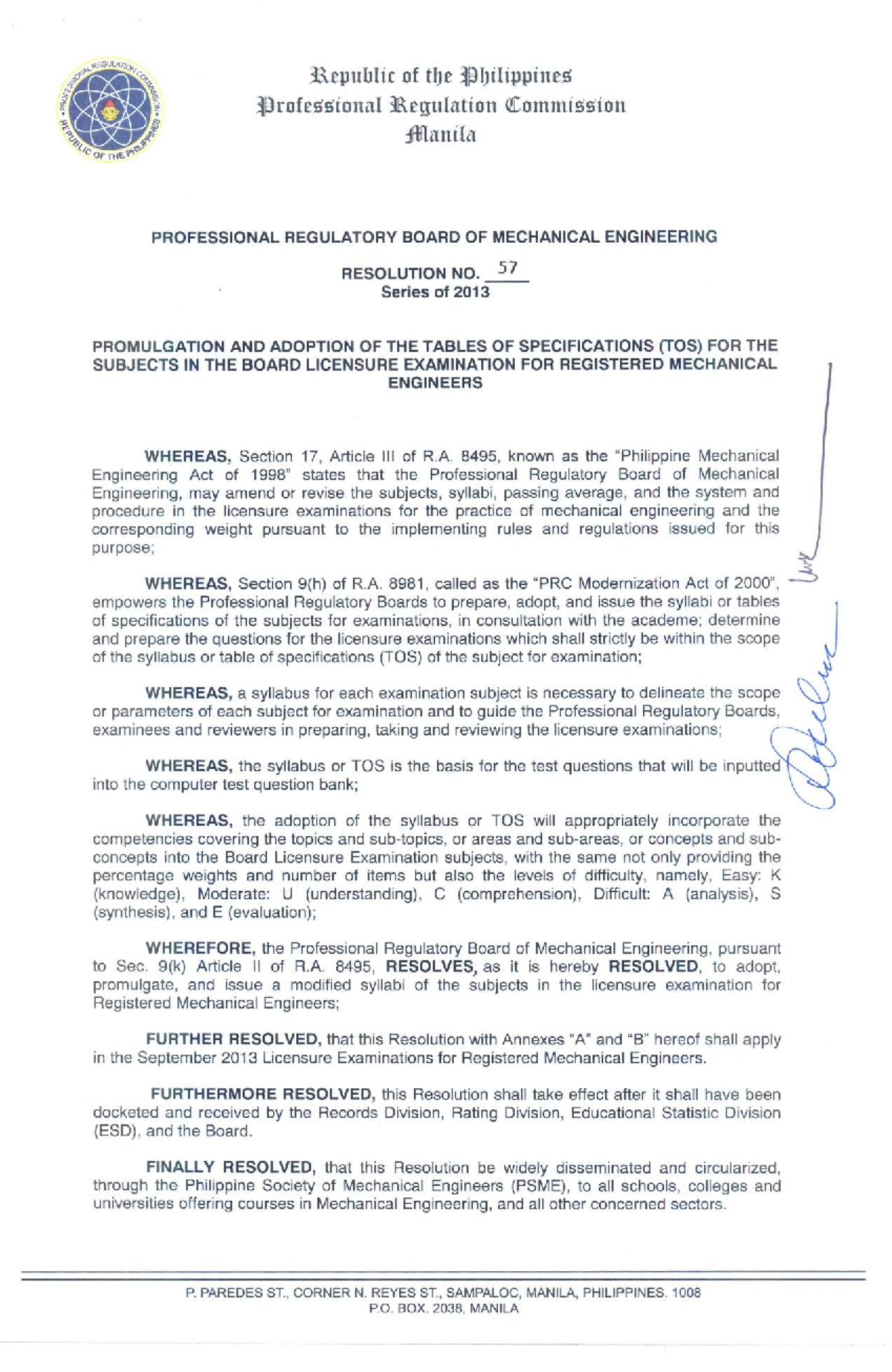 Board of Mechanical Engineering - Resolution No. 57: TOS for Licensure ...