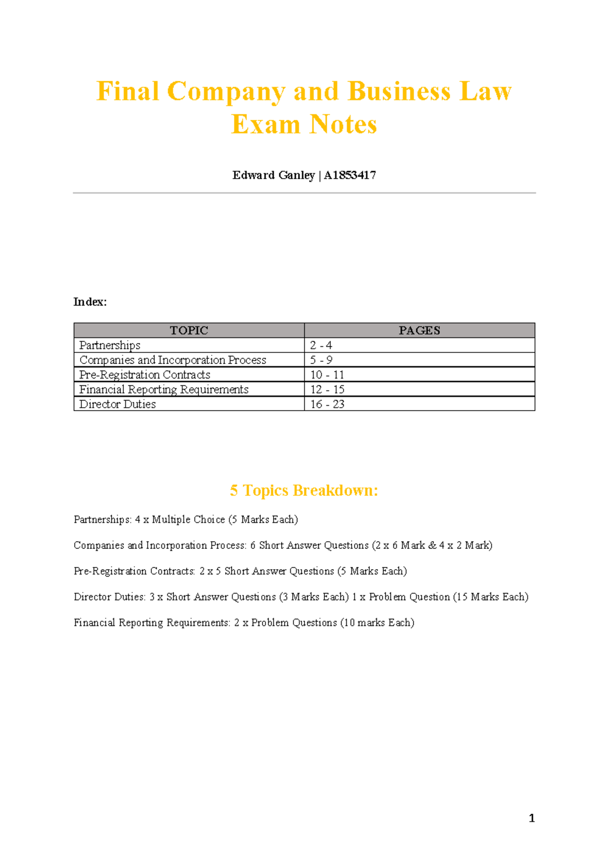 Final Exam Notes for Company & Business Law (LAW123) - Studocu
