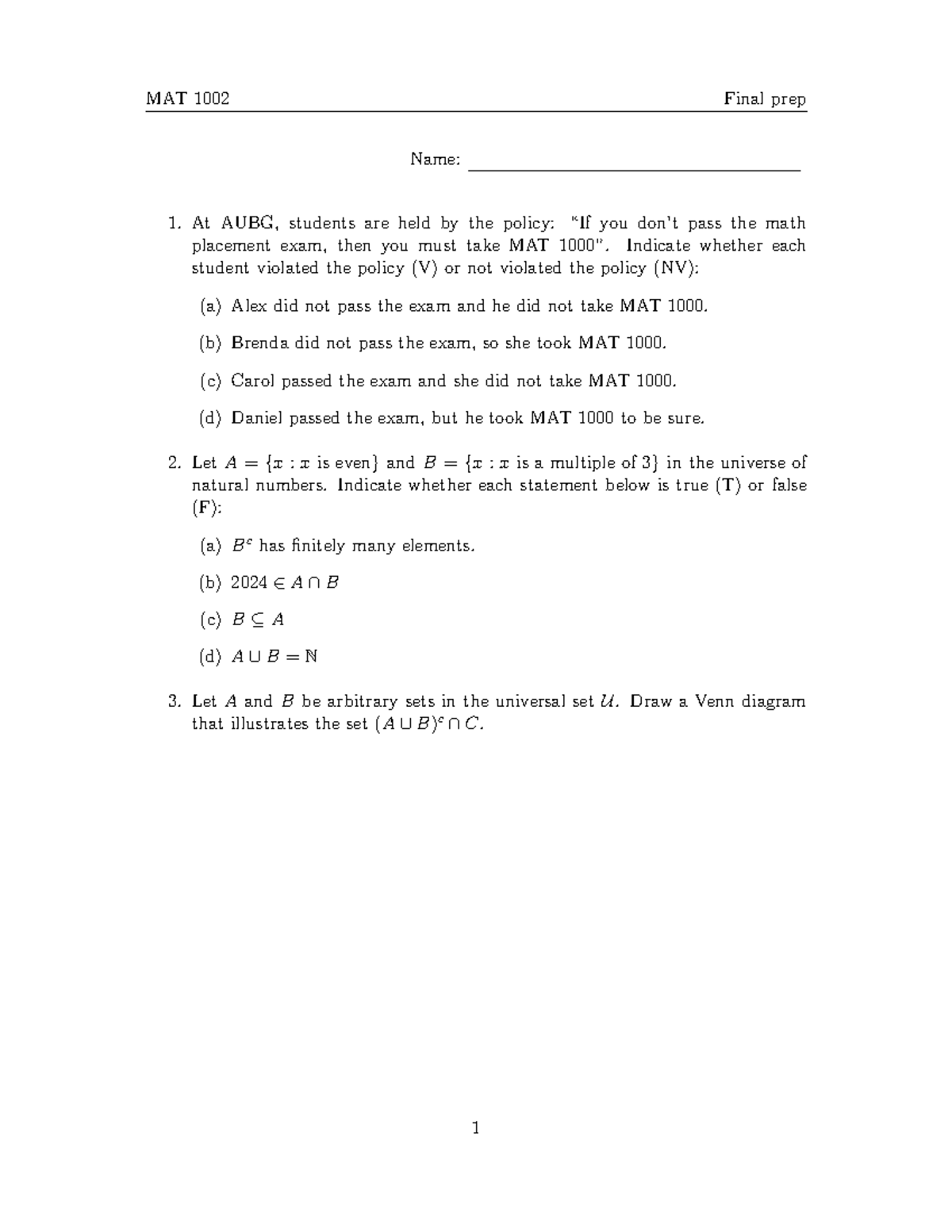 Preparation for Final Exam - MAT 1000 Finite Mathematics Review - Studocu