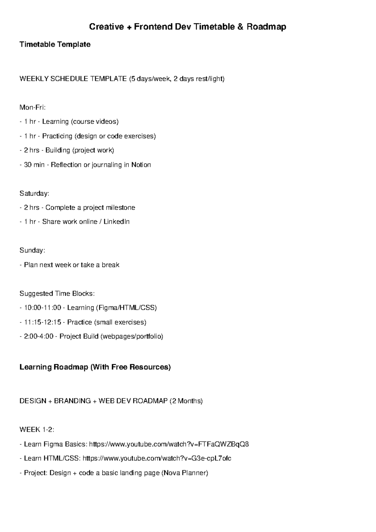 Creative Frontend Dev Roadmap: Weekly Schedule Template - Studocu