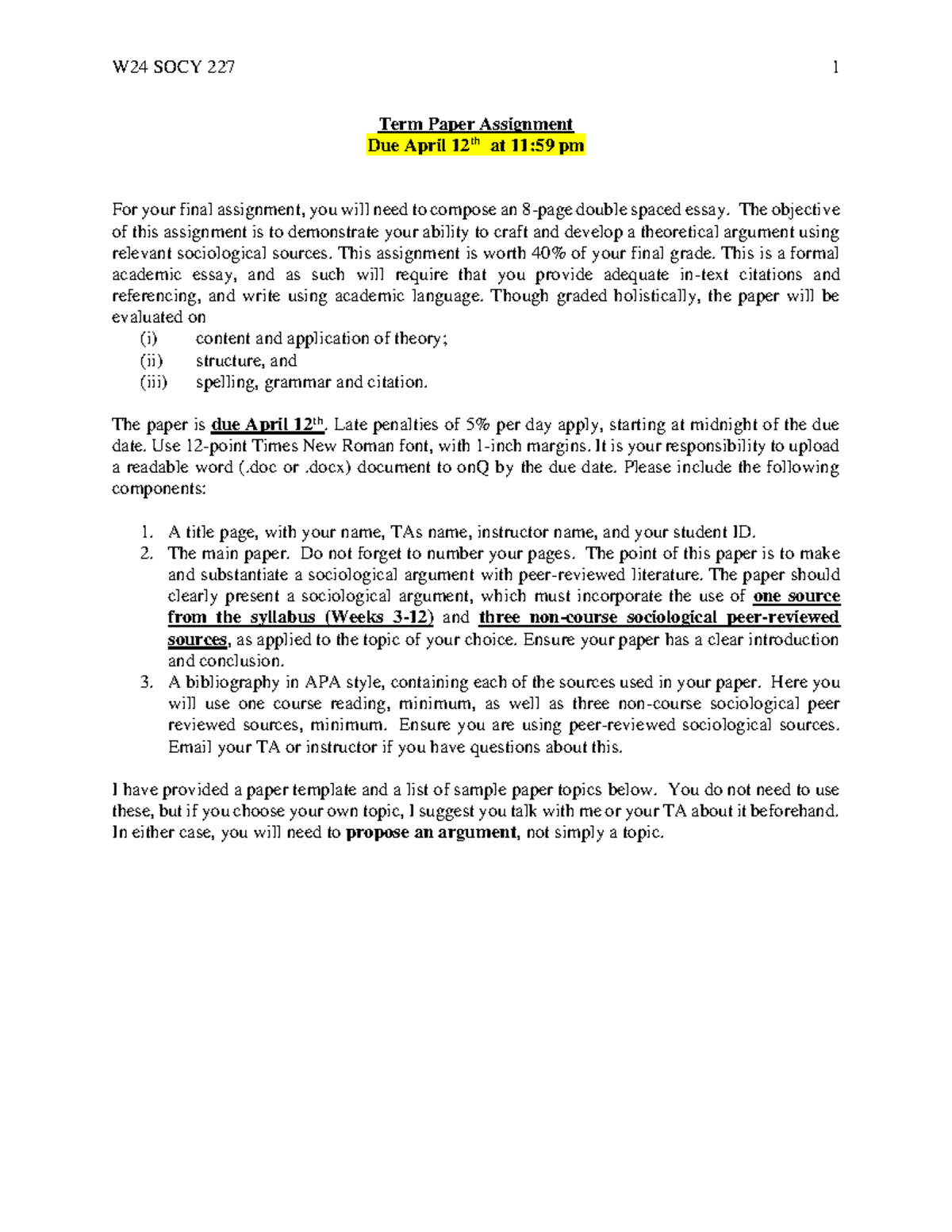 W24 SOCY 227 - Term Paper Assignment Guidelines & Structure - Studocu