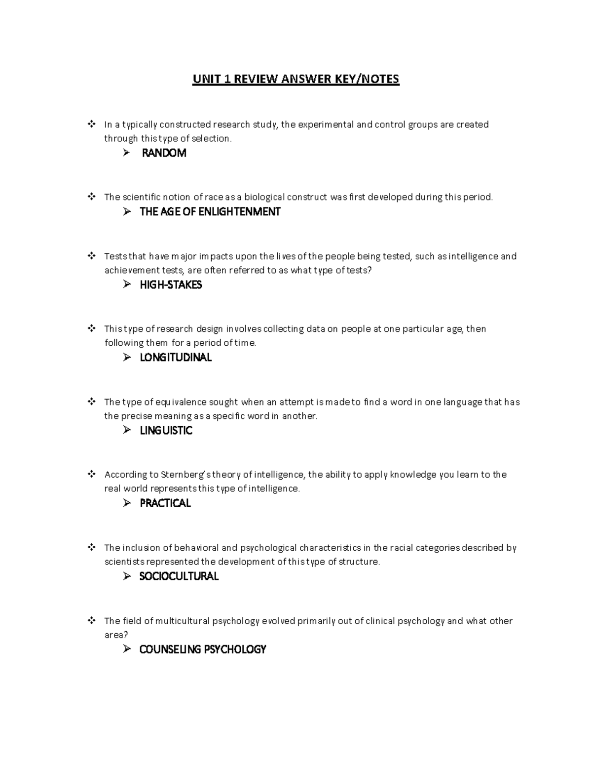 PSYC 101 Unit 1 Review Notes and Answer Key - Studocu