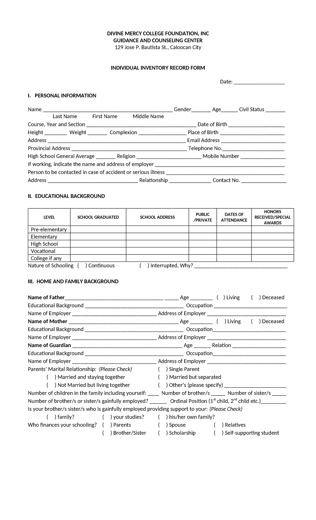 Individual- Inventory-FORM - DIVINE MERCY COLLEGE FOUNDATION, INC ...