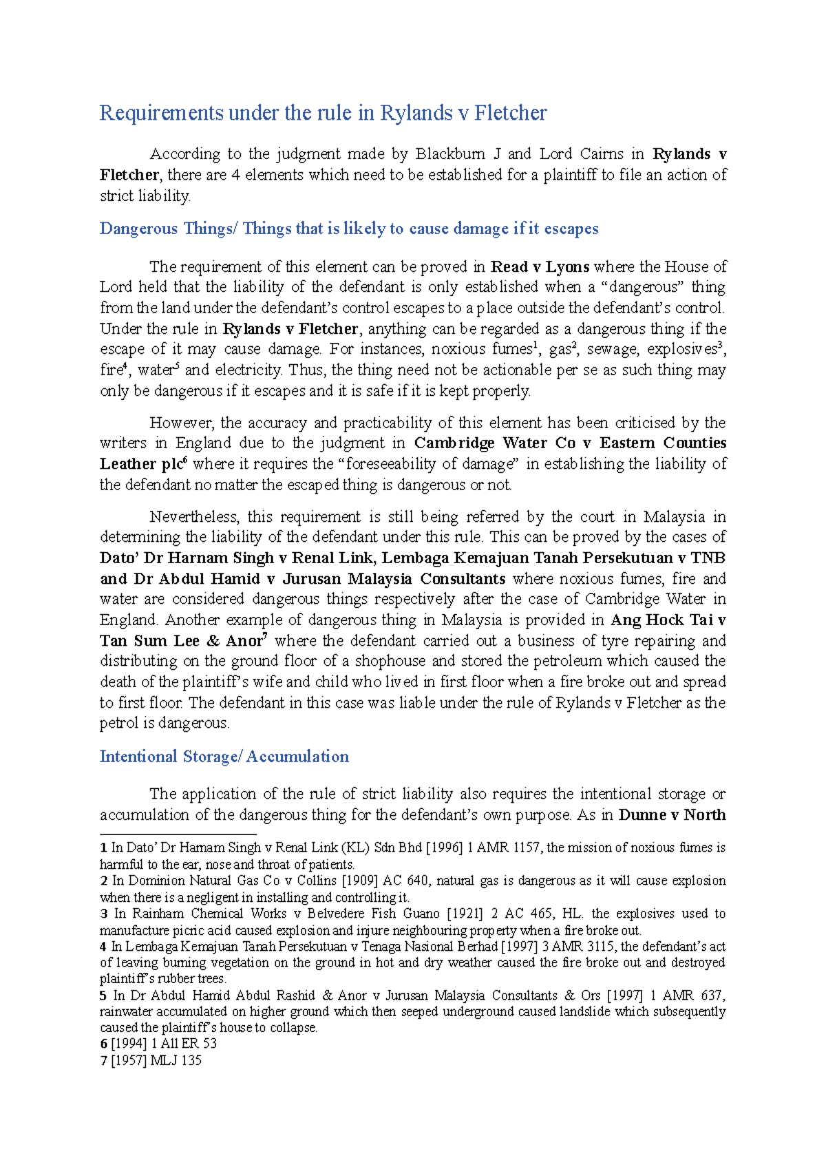 Rylands v Fletcher: Requirements for Strict Liability Explained - Studocu