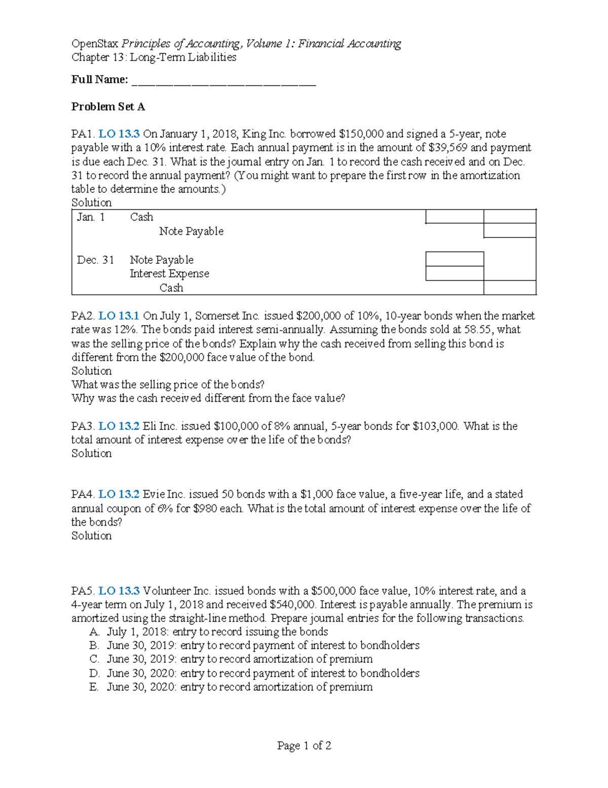 Financial Accounting ISM Ch13: Liabilities Problem Set A - Studocu
