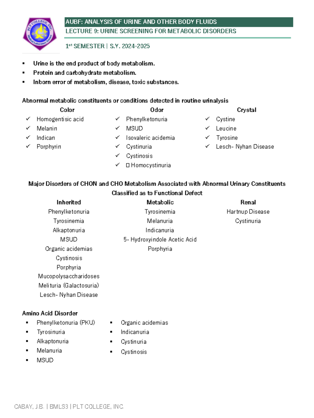 Lecture 9 Urine Screening For Metabolic Disorders - AUBF: ANALYSIS OF ...