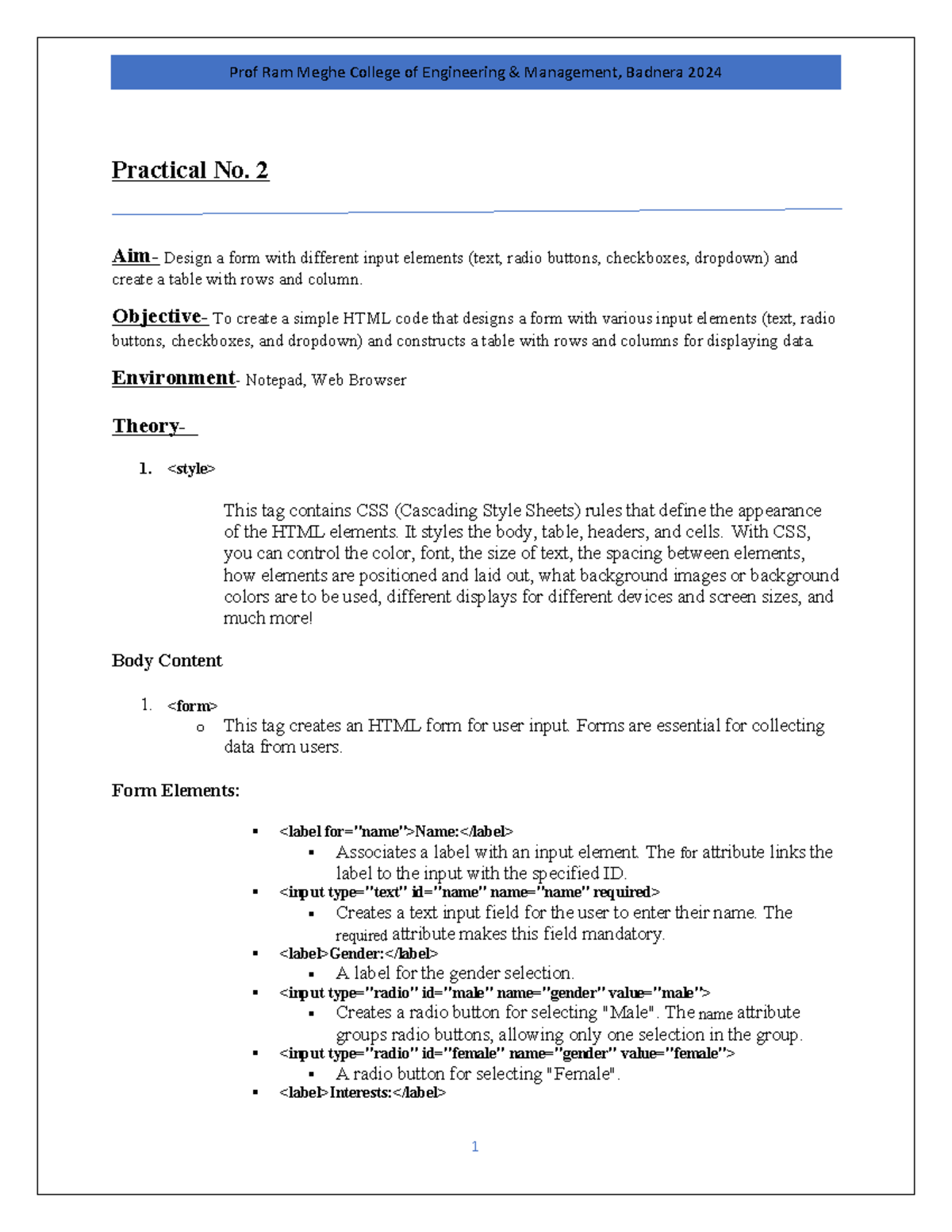 Practical No. 2: HTML Form & Table Design - Prof Ram Meghe College ...