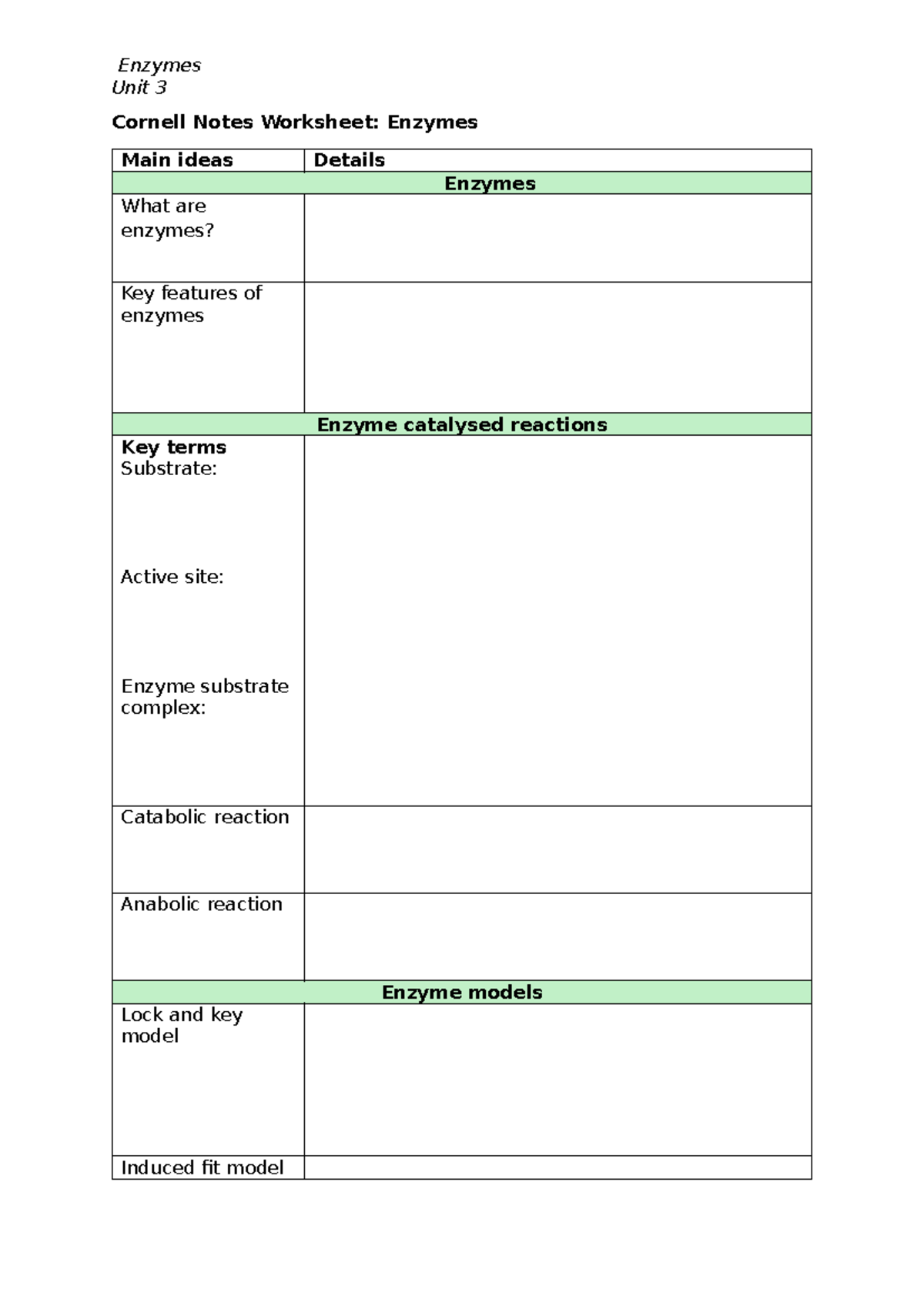 Enzymes cornell notes - study - Enzymes Unit 3 Cornell Notes Worksheet ...