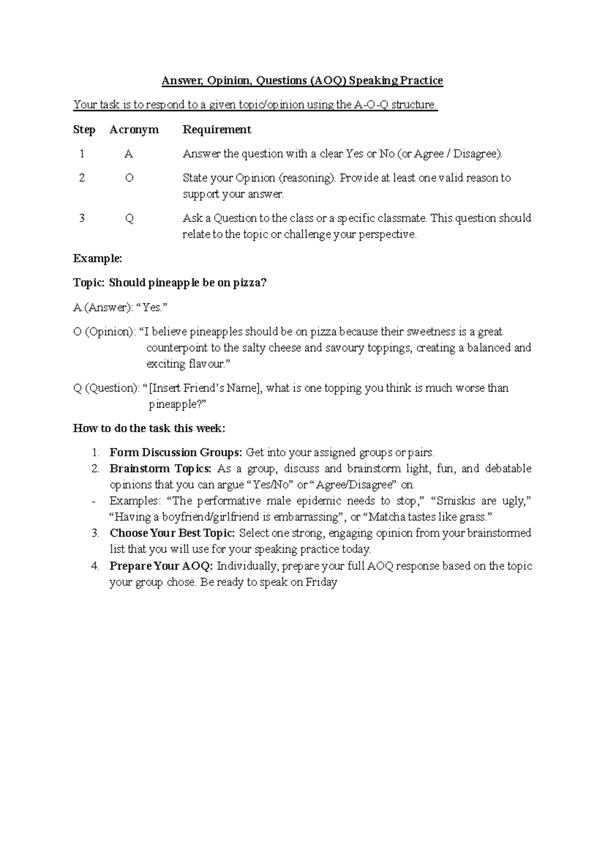 AOQ Speaking Practice Instructions - Ajha - Studocu
