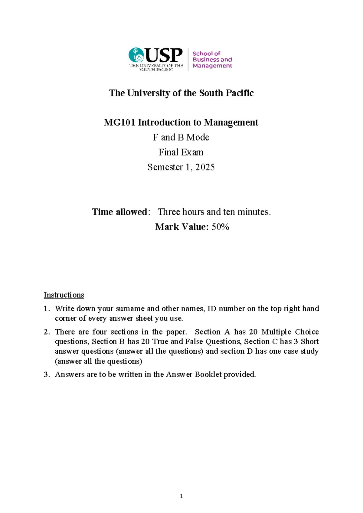 MG101 Introduction to Management Final Exam Paper S1 2025 - Studocu