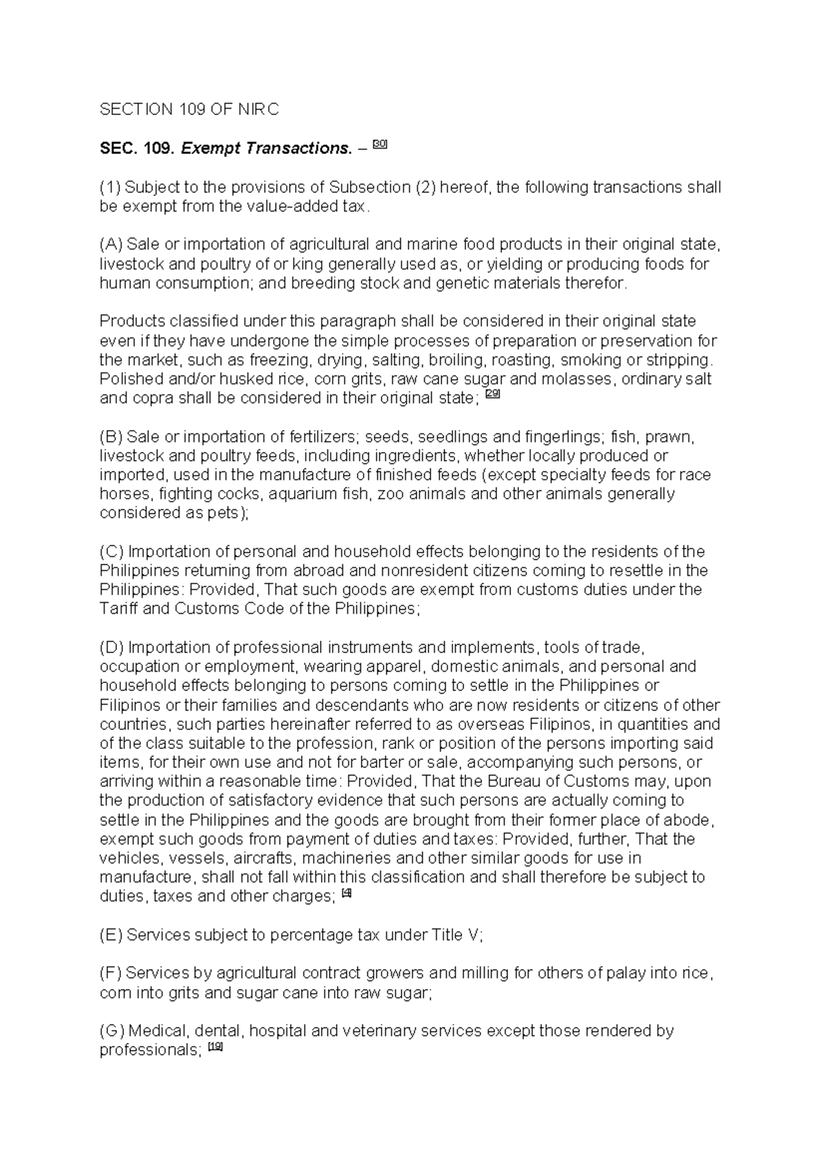 Section 109 of NIRC - Exempt Transactions Overview - Studocu