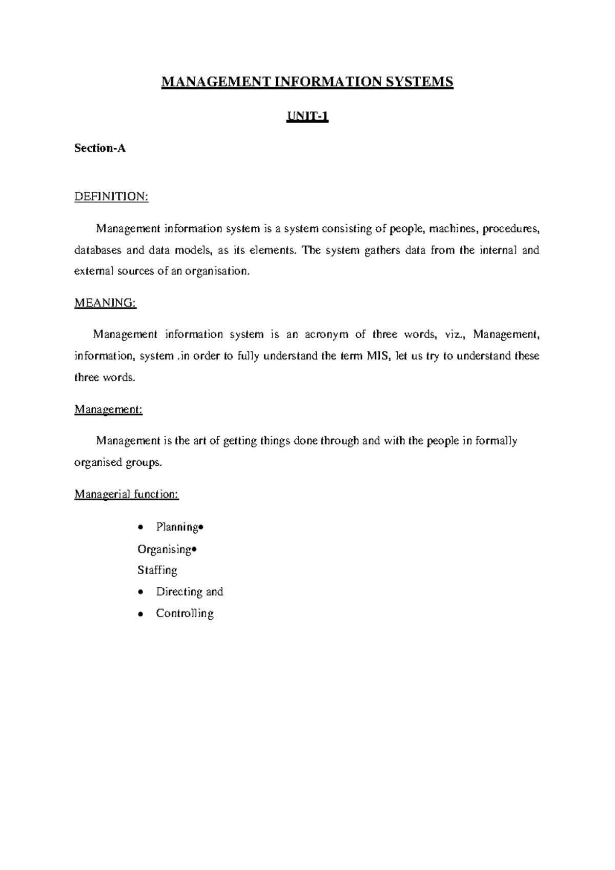 MIS Lecture Notes: Understanding Management Information Systems - Studocu