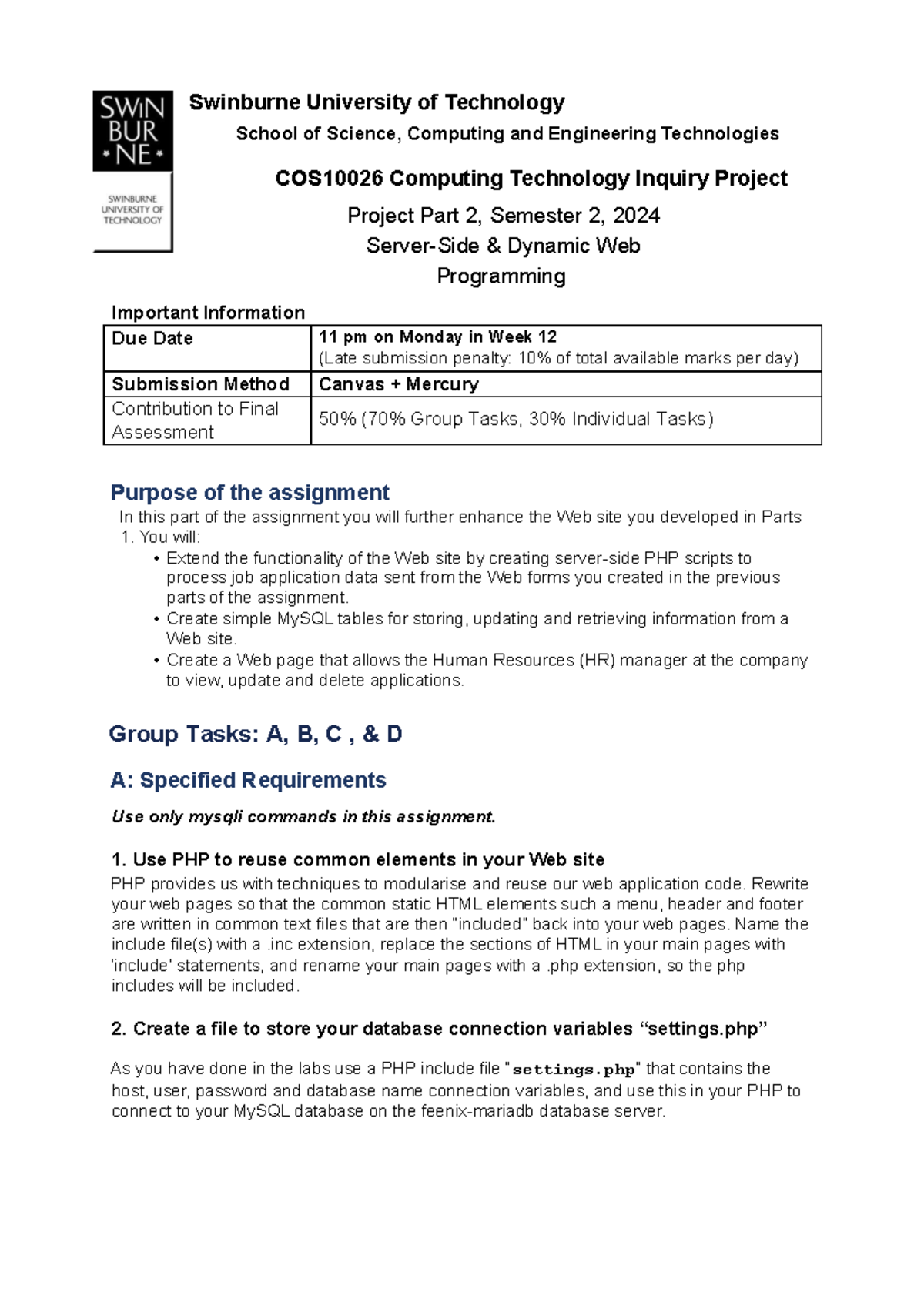 COS10026 Project Part 2: Server-Side Web Programming Guide - Studocu