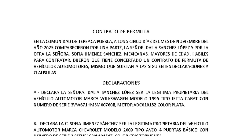 Contrato de Permuta de Vehículos - Tepeaca Puebla 2025 - Studocu