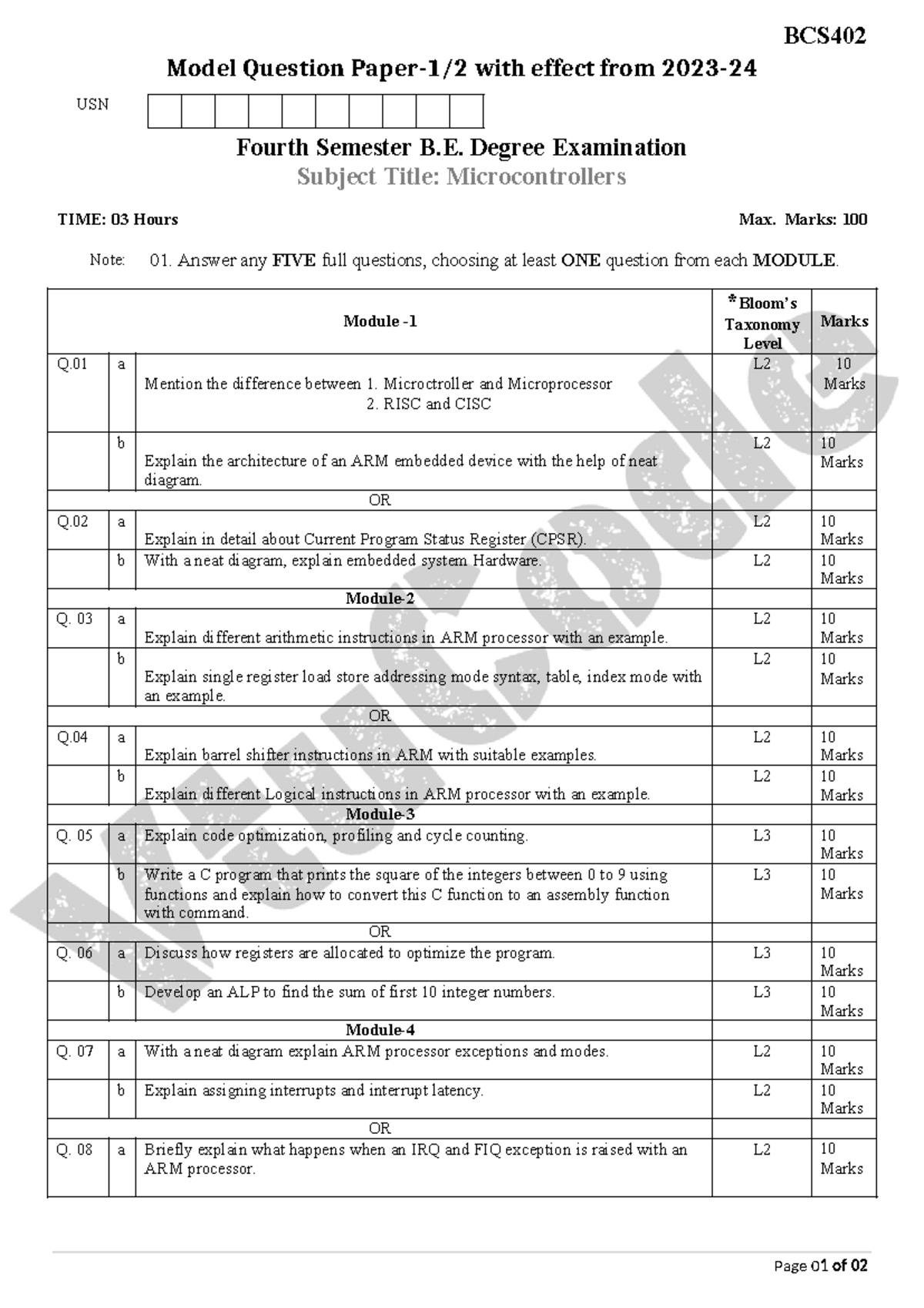 BCS402 Microcontrollers Model Question Paper - 4th Sem B.E. Exam - Studocu
