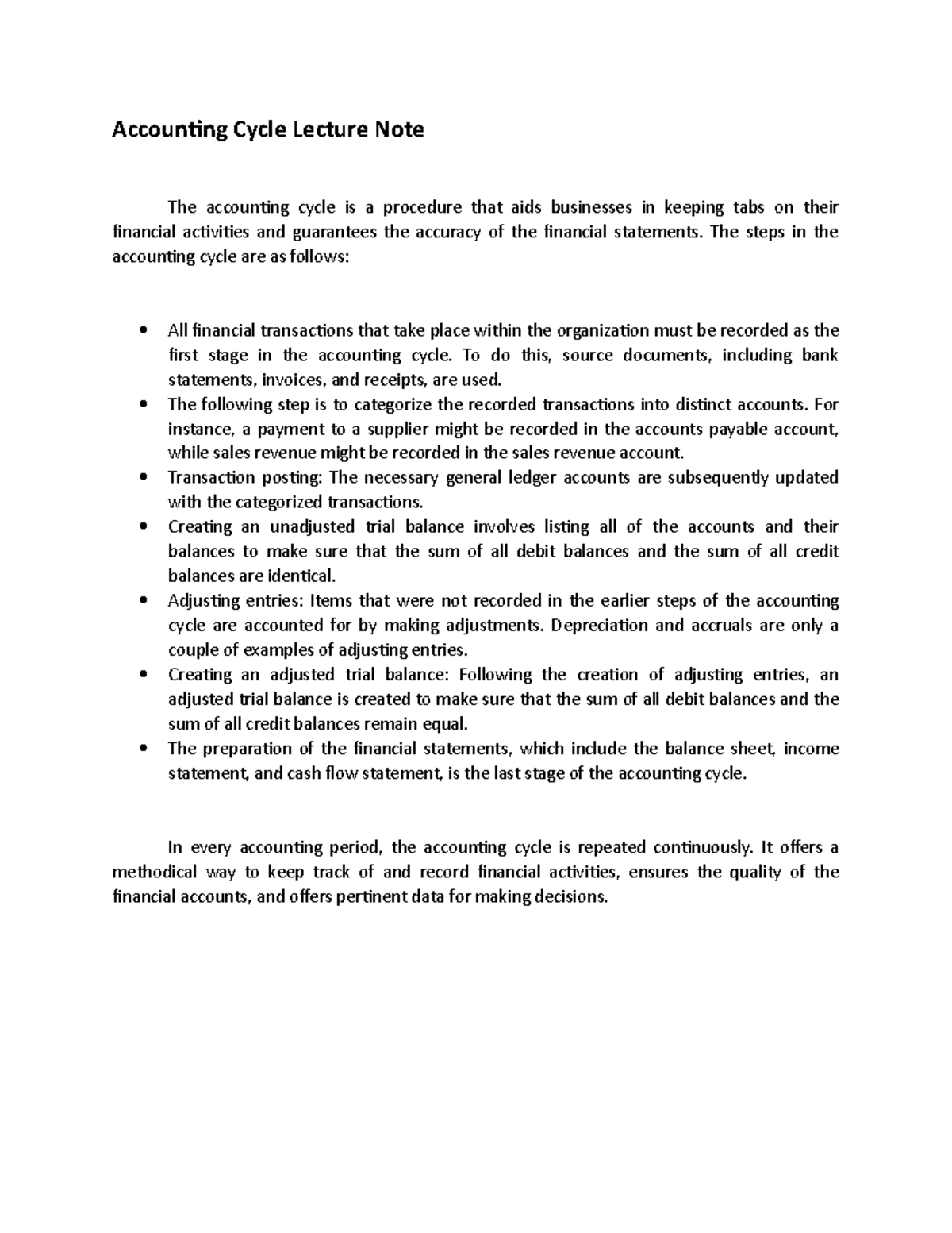Lecture Notes - Accounting Cycle Lecture Note - Accounting Cycle ...