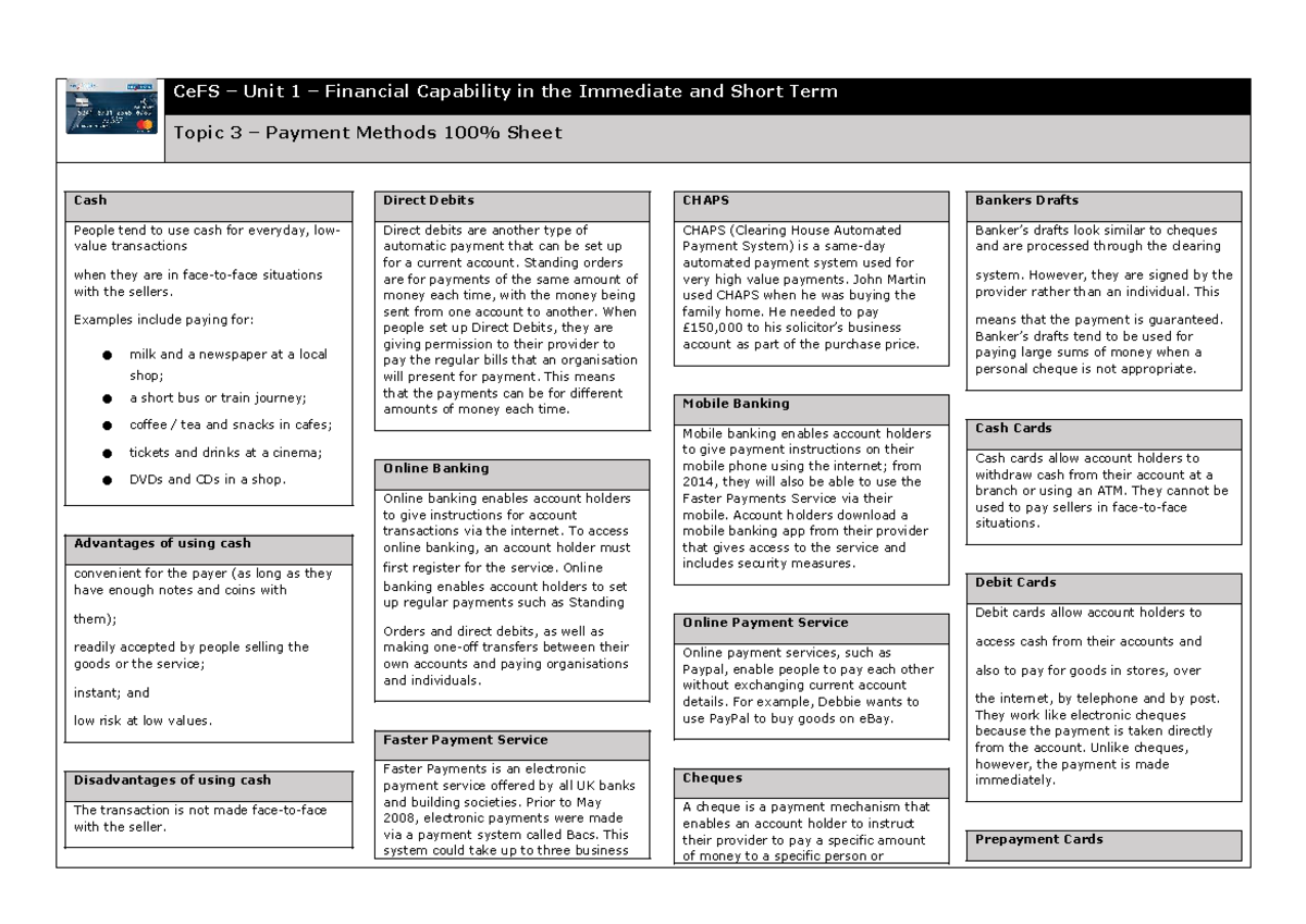 CeFS Unit 1: Financial Capability - Topic 3 Payment Methods Overview ...