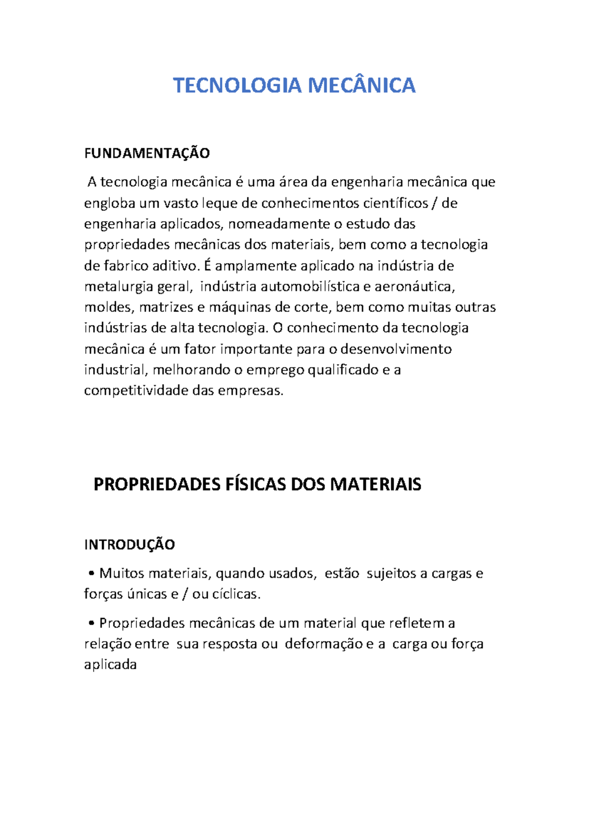 Resumos de Tecnologia Mecânica: Propriedades e Testes Mecânicos - Studocu