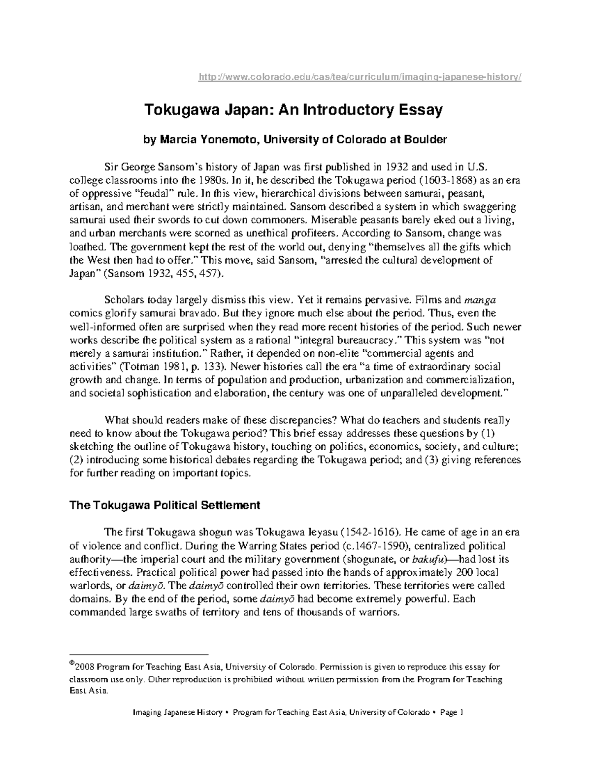 Tokugawa Japan: An Introductory Essay (HIST 101) - Studocu