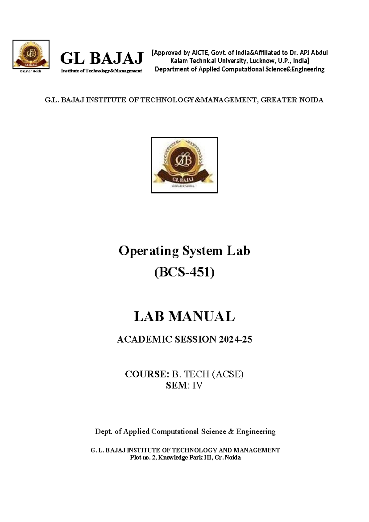 OS Lab Manual - B. TECH (ACSE) SEM IV - G.L. BAJAJ Institute - Studocu
